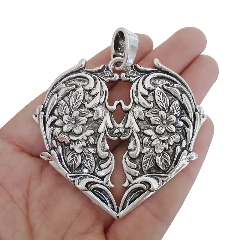 

1 x Tibetan Silver Tone Large Carved Flower Love Heart Charms Pendants for Necklace Jewelry Making Findings 69x63mm