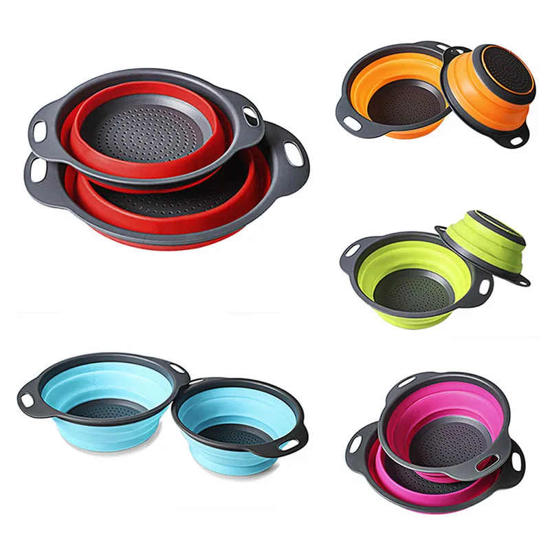 

2Pcs/Set Fruit Vegetable Washing Basket Strainer Folding Silicone Strainers Collapsible Drainer With Handle Kitchen Gadgets Bowl