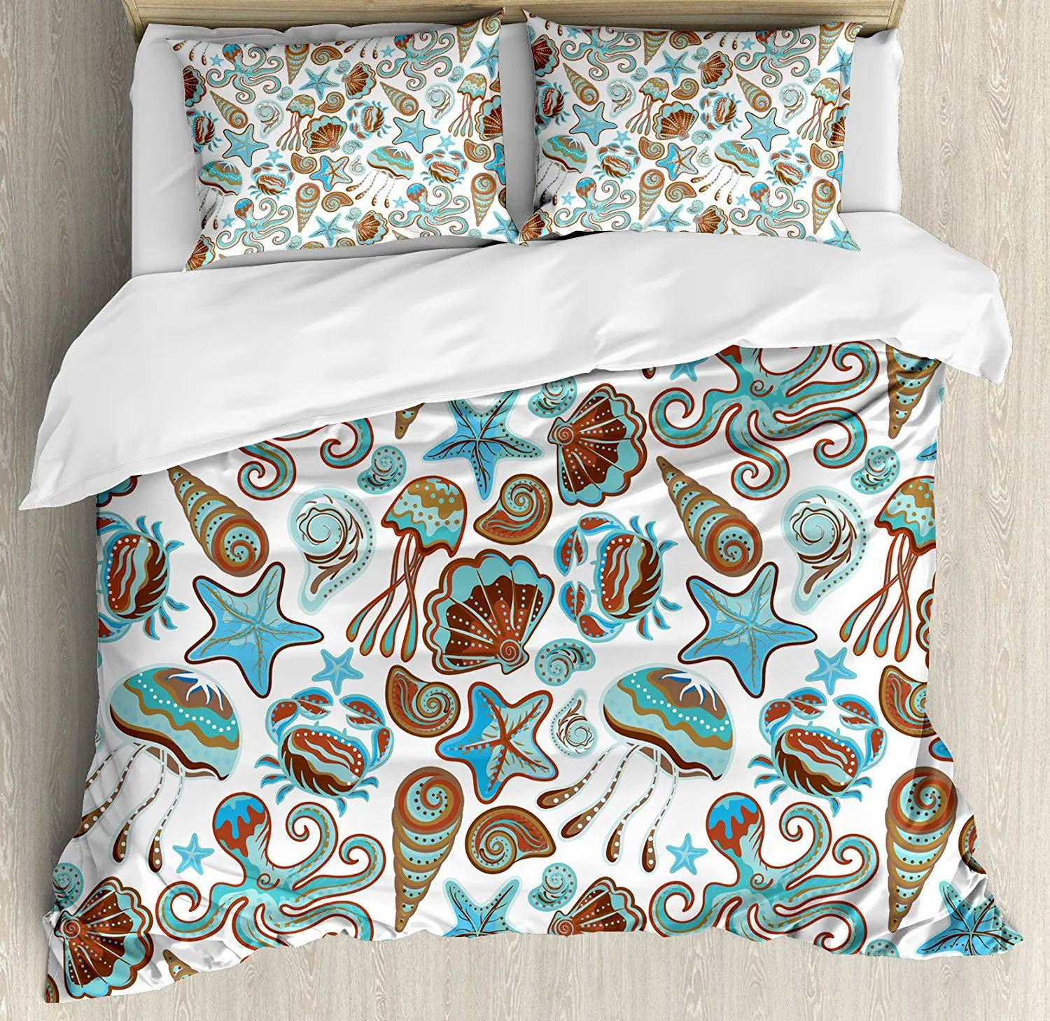 

Crabs Decor Duvet Cover Set Illustration of Sea Life Crabs Octopus Shells Starfish and Medusa Print, 4 Piece Bedding Set