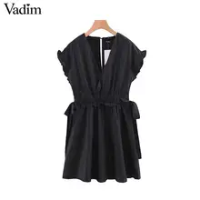 Vadim, женское черное мини-платье с v-образным вырезом, оборками, галстуком-бабочкой, поясом, эластичной талией, коротким рукавом, милые платья, женские шикарные платья QB437