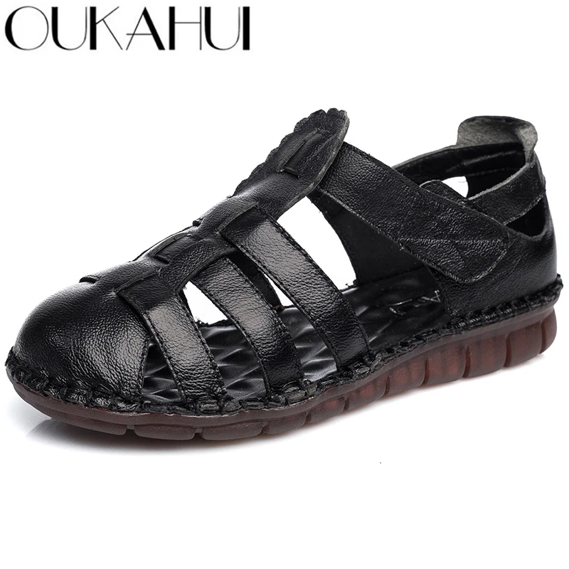 

OUKAHUI Handmade Soft Genuine Leather Gladiator Sandals Women Flat Low Heel Summer Hollow Out Cover Toe Rome Sandals Women Shoe