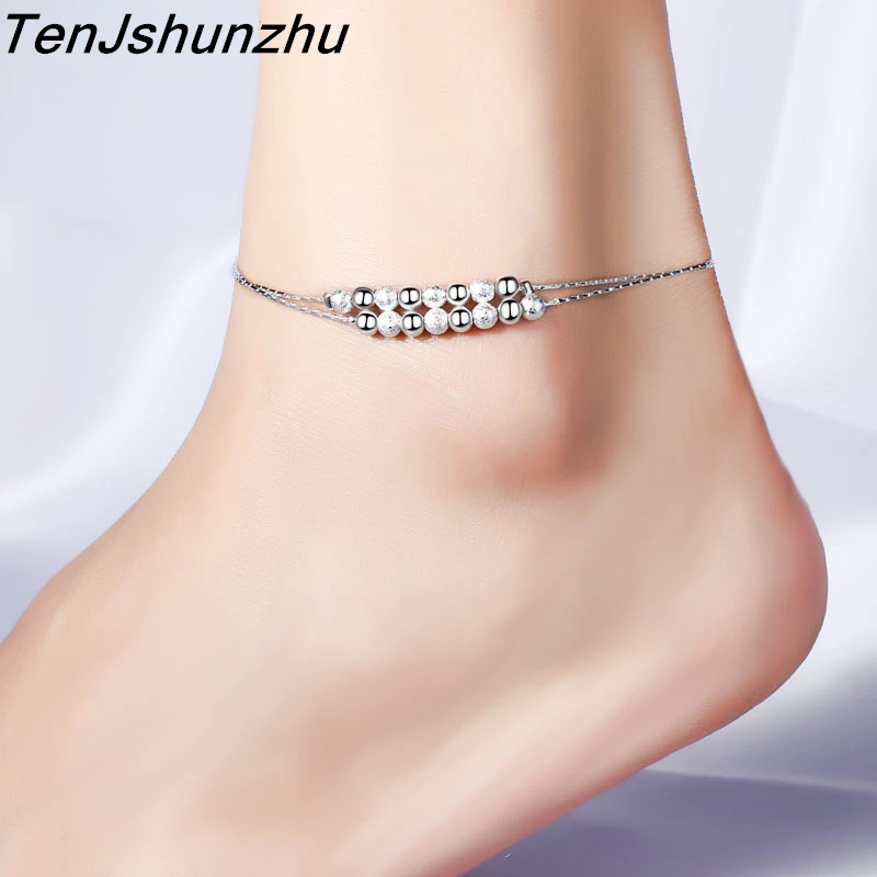 

New Hot 925 Sterling Silver Prevent allergy Anklet Bracelet 2 Layer Ball Women Summer Charm Chain Sandal Beach Foot Anklet Gift