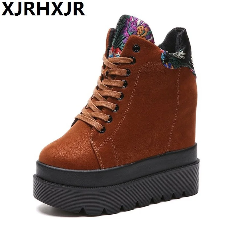 

2018 Autumn Ankle Boots Shoes Woman Casual 12CM Heel Wedge Platform Sneakers Hidden Increasing Boots High Top Hidden Heels Shoes