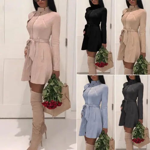 

New Fashion Women Warm Winter Suede Adjustable Waist Trench Coat Long Sleeves Zipper Outwear Tops High Waist Clothes
