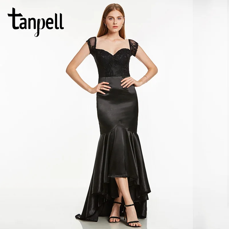 

Tanpell mermaid evening dress sexy black v neck cap sleeves asymmetry gown women lace party prom formal long evening dresses