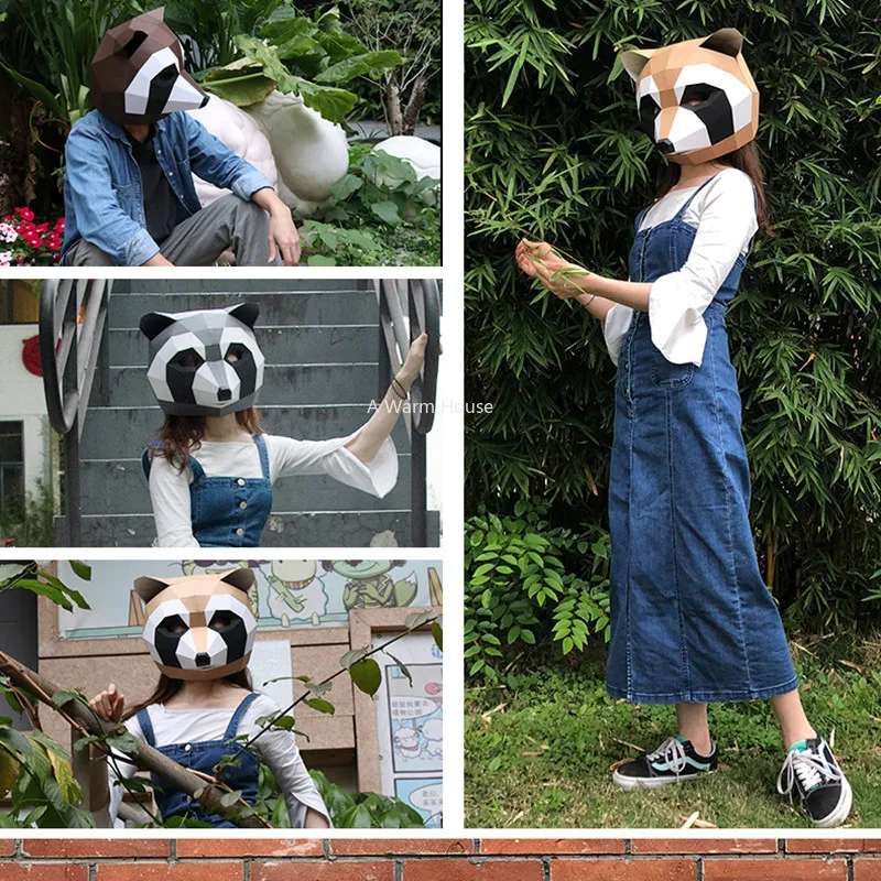 

Party Mask Halloween DIY Paper Masks Cosplay Mascara Masquerade Animal Procyon Lotor Head Masque Creative Handwork Funny Masker