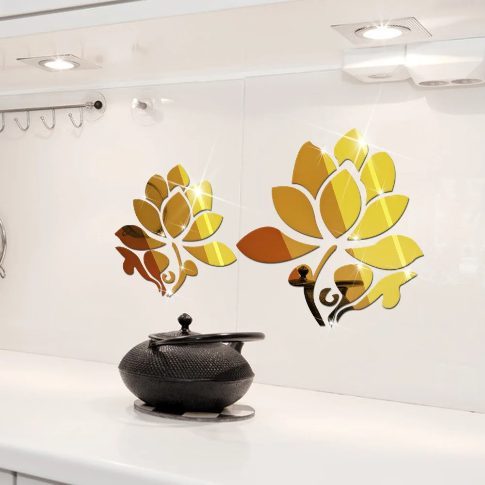 

Funlife selling high quality green creative DIY flowers acrylic background wall decoration mirror wall stickers lotus mirror MS3