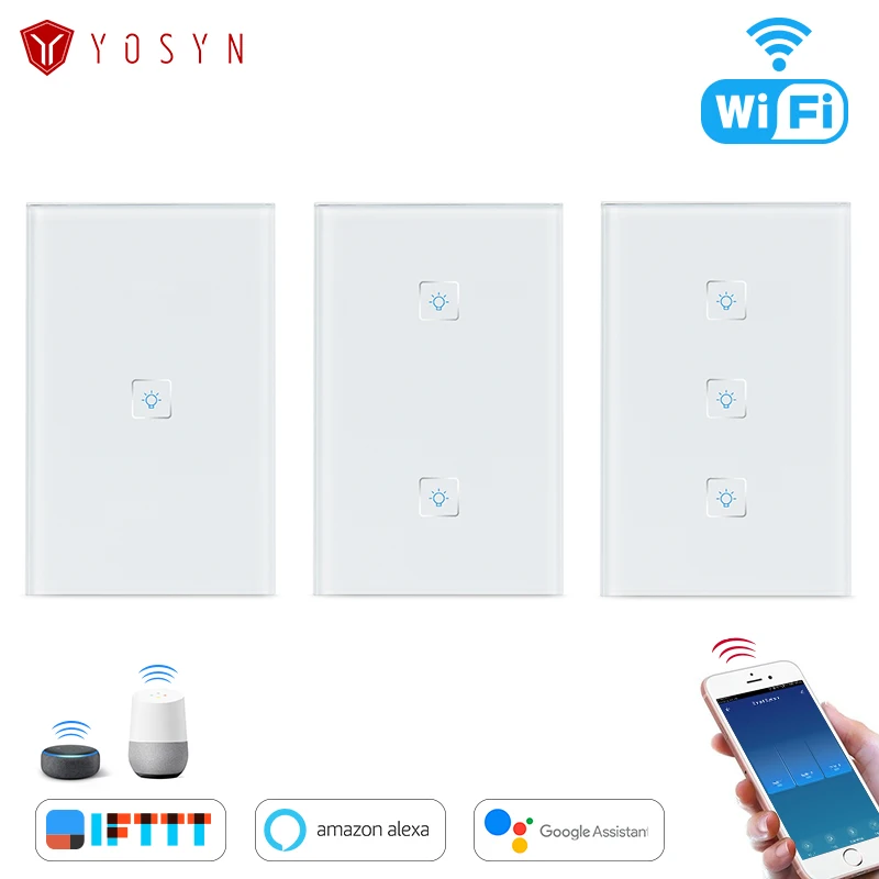 

YOSYN 1 2 3 Gang wifi smart wall Touch Light switch Remote Control by Mobile APP Compatible with Alexa, No Hub Required