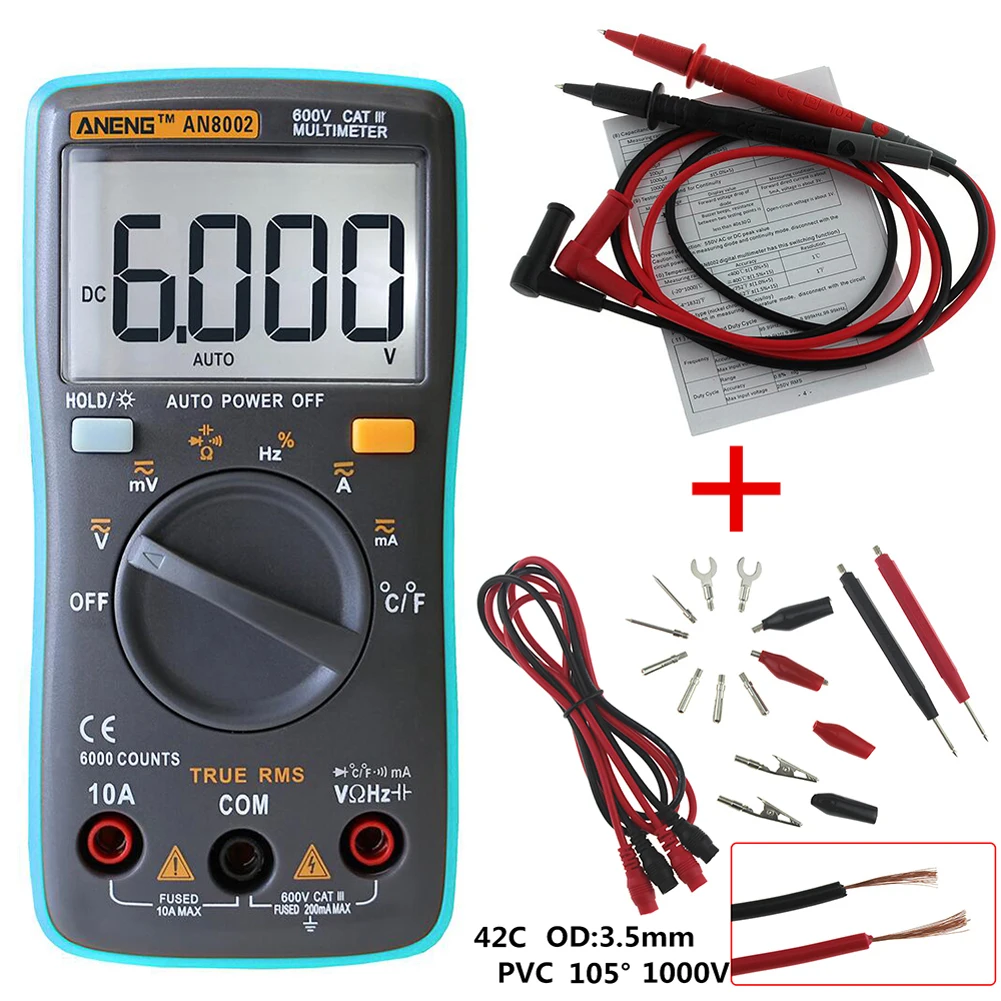 AN8002 Цифровой мультиметр 6000 Counts AC/DC Амперметр Температура Тесты er + 1 компл. мультиметр зонда Тесты провода кабеля крокодил