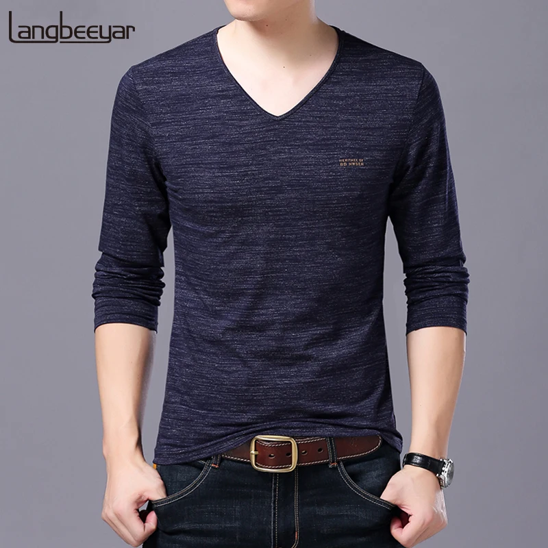 Новинка, модные брендовые футболки, мужские топы с v-образным вырезом, уличный стиль, трендовая Высококачественная Корейская футболка с длинным рукавом, мужская одежда