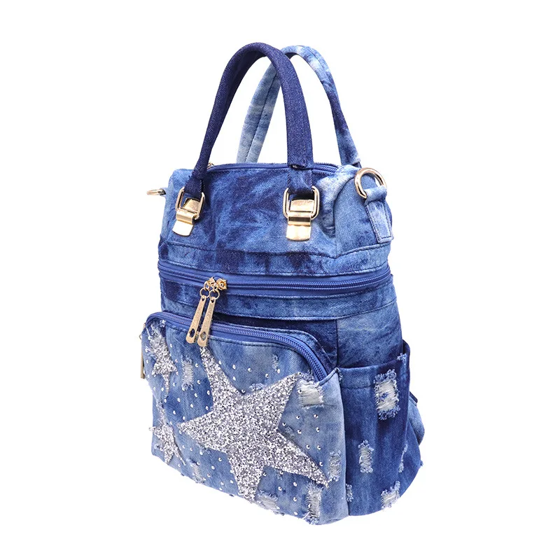 IPinee женский рюкзак из потертой джинсовой ткани, школьные сумки для девочек-подростков, для книг, дорожная сумка с пятиконечной звездой