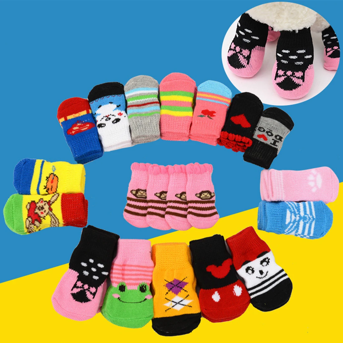 

4pcs Winter Warm Puppy Dog Shoes Soft Cotton Pet Knits Socks Cute Cartoon Anti Slip Skid Socks For Small Dogs Pattern Random