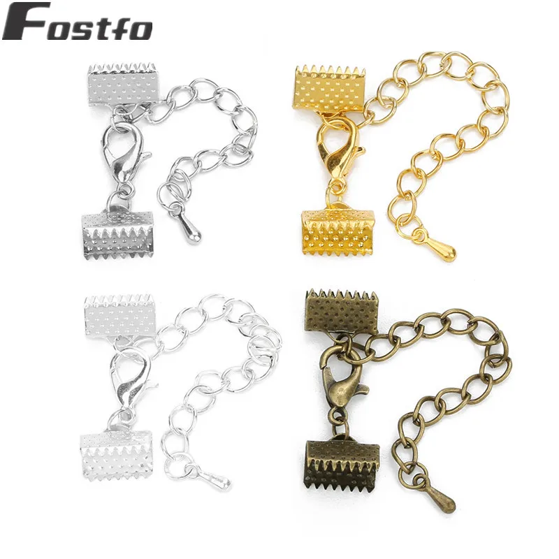 

10 sets/lot End Clasps With Chains Fit 6/8/10/13/16/20/25/30/35/40 mm Leather Cord Connectors For Bracelet Diy Jewelry Findings