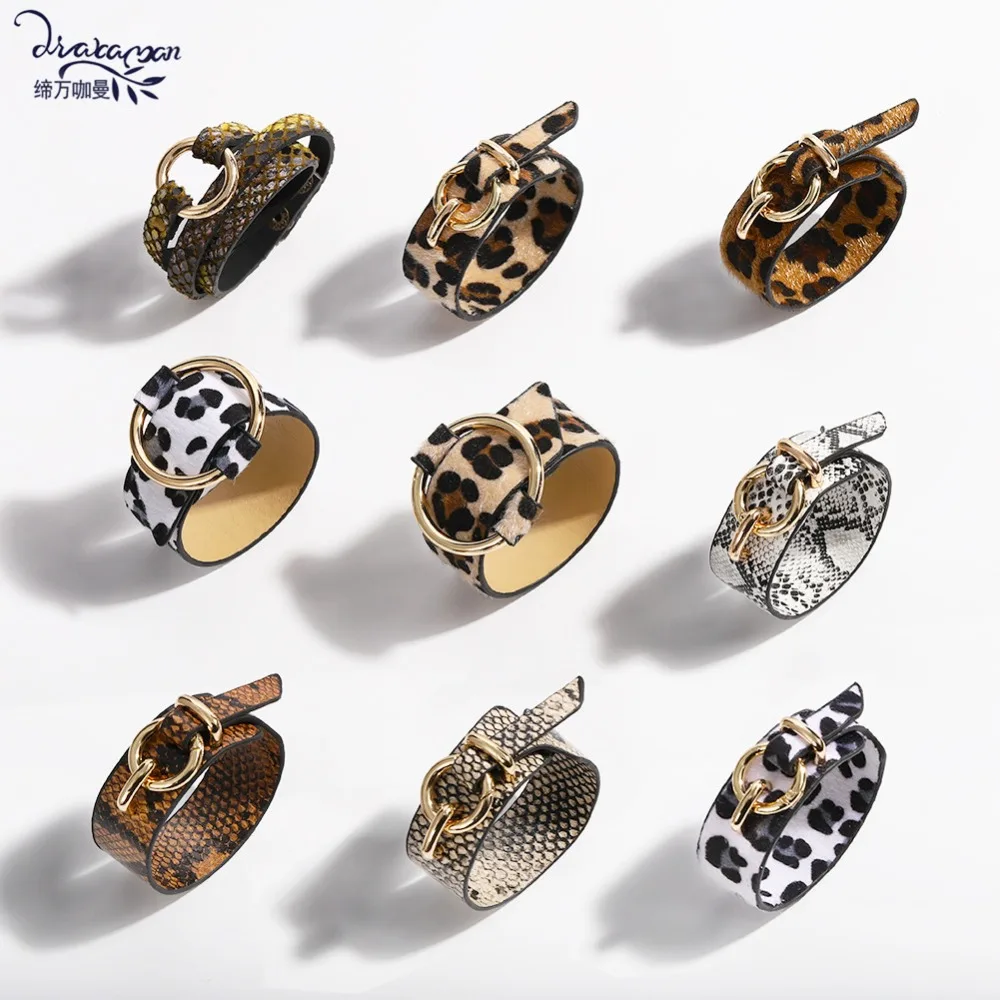 

Dvacaman Fashion ZA Leopard Snake Bangle Bracelets For Women Metal Button Leather Wide Bracelet Wedding Party Jewelry Wholesale