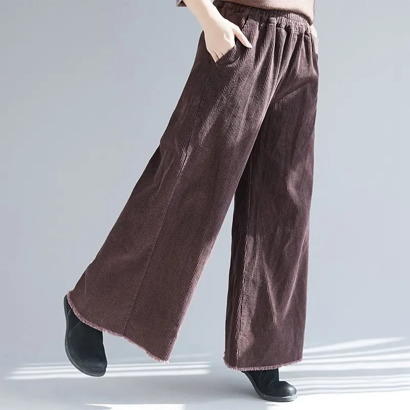 Mferlier вельветовые широкие брюки для женщин эластичный пояс сплошной чёрный; коричневый свободные Ретро Универсальные женские Новинка 2018 г