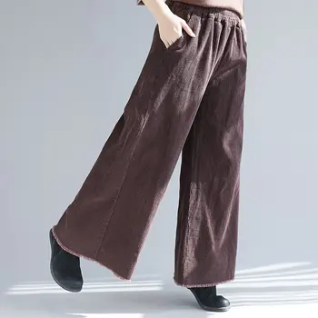 

Mferlier Corduroy Wide Leg Pants Women Elastic Waist Solid Black Brown Loose Retro All Match Female 2018 New Winter Trousers