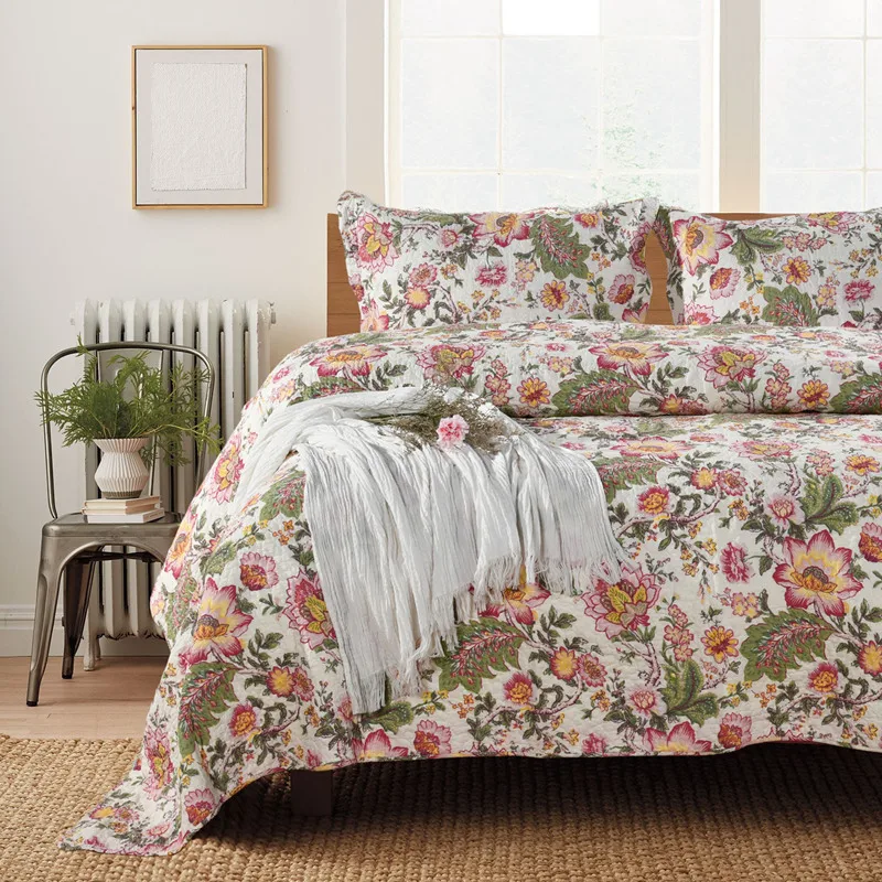 

CHAUSUB Cotton Bedspread Quilt Set 3pcs Coverlet Flowers Printed Quilts Bed Cover Sheets Pillowcase King Queen Size Blanket