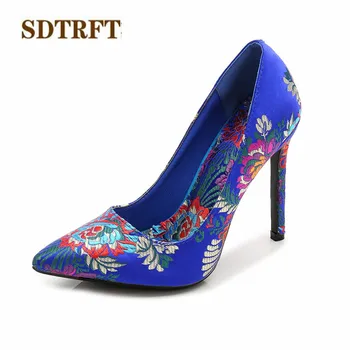 

SDTRFT RED Retro stilettos 11cm thin heels wedding shoes woman Shallow mouth pumps Pointed Toe zapatos mujer Plus:35-44 45 46