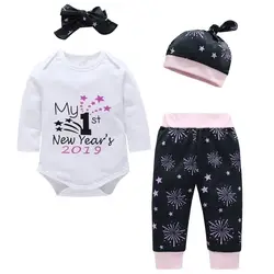 Roupa infantil для Bebek 4 шт. комплект одежды для маленьких девочек мой первый новый год с надписями Onesie + брюки шляпа повязка на голову одежда