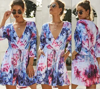 

Summer Print Jumpsuits Women 2019 New Sexy Deep V-Neck Playsuits Lace Up Sexy Woman Rompers By Pockets