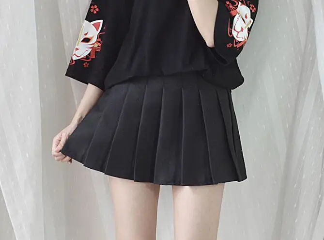 

Pure Black Pleated Short Skirt New Japanese Soft Girls Student College Half-length Skirt with High waist and A-shaped Skirt MY