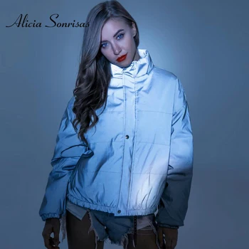 

Women's Reflective Silver Cotton Puffer Jacket 2019 Gray Zipper Short Cropped Fall Winter Windbreaker Streetwear Baseball Parkas