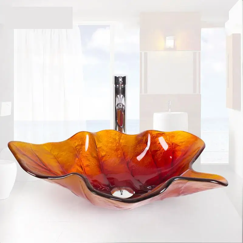 New Bathroom Tempered Glass Washbasin Creative Sunset Red Leaf Artistic