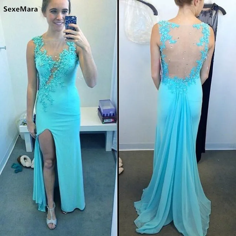 Sexy Vestidos De Soriee Illson Back Covered Beading Front Spilt Sheer Neck New Long Formal Party Gowns Custom Made Prom Dresses