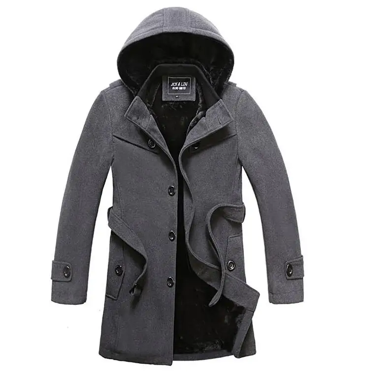 Новое мужское зимнее однобортное шерстяное пальто с капюшоном мужское утепленное бархатное теплое длинное шерсятнное пальто куртка