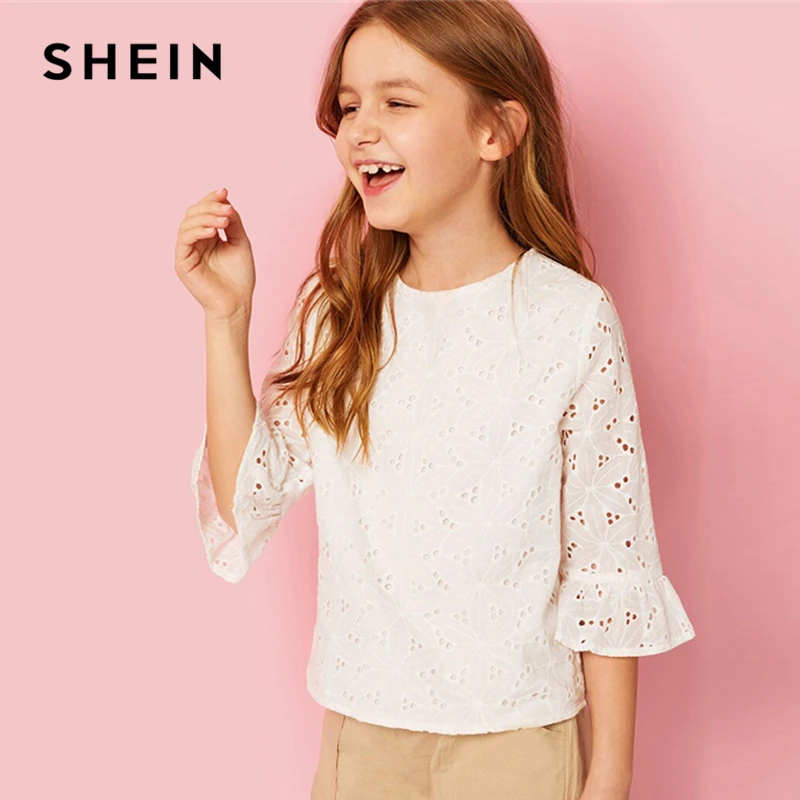 

SHEIN Kiddie Solid Keyhole Back Embroidered Eyelet Cute Top 2019 Summer Holiday Flounce Sleeve Kids Ruffle Kids Boho Blouses