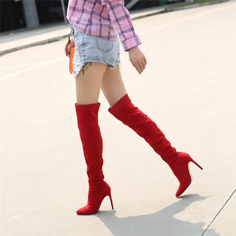 

YMECHIC 2018 Plus Size Autumn Winter Over The Knee High Boots Botas Thin High Heels Red Brown Suede Ladies Overknee Boots Shoes