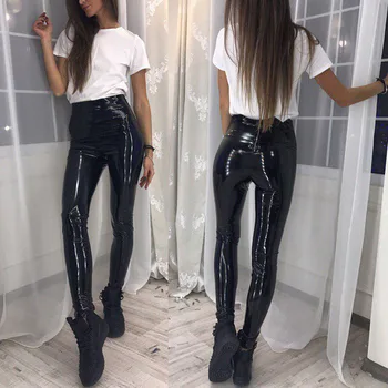 

1 Pcs Women Lady Pants Trousers PU Leather High Waist Solid Color Fashion for Party -MX8