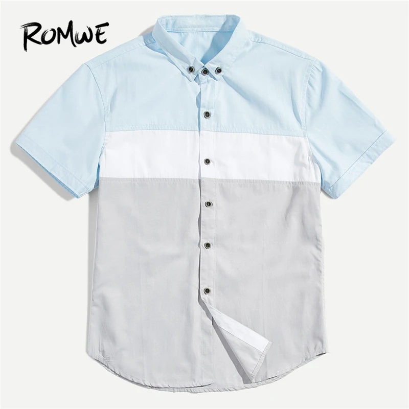 

ROMWE Men Cut And Sew Panel Shirt 2019 Posh Man New Summer Single Breasted Blouses Comfortable Short Sleeve Male Shirts