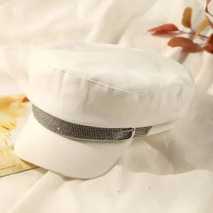 Модная шляпа с козырьком для женщин, осенняя гладкая шляпа, летняя блестка, пояс с бриллиантами, женские армейские кепки, Модная студенческая Военная Кепка - Цвет: Белый