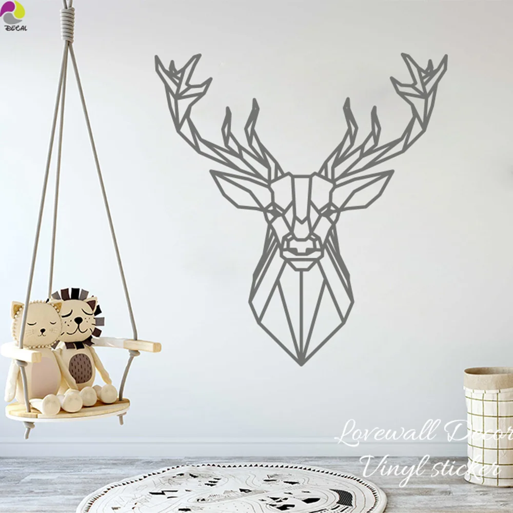 Cartoon Geometric Deer Wall Sticker Baby Nursery Kids Room Cute Animal deer head Wall Decal Living