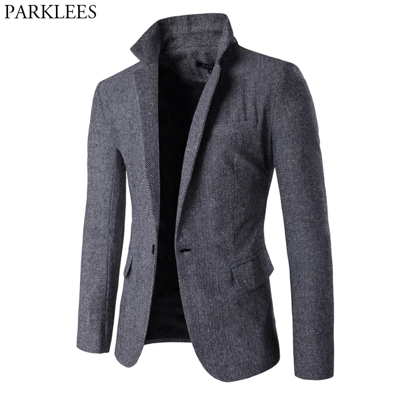 Grau Woll Blazer Jacke Männer One Button Kerb Revers Smart Formale Marke Anzug Blazer Herren Hochwertige Fischgräten Blazer Homme