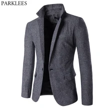 Grau Woll Blazer Jacke Männer One Button Kerb Revers Smart Formale Marke Anzug Blazer Herren Hochwertige Fischgräten Blazer Homme