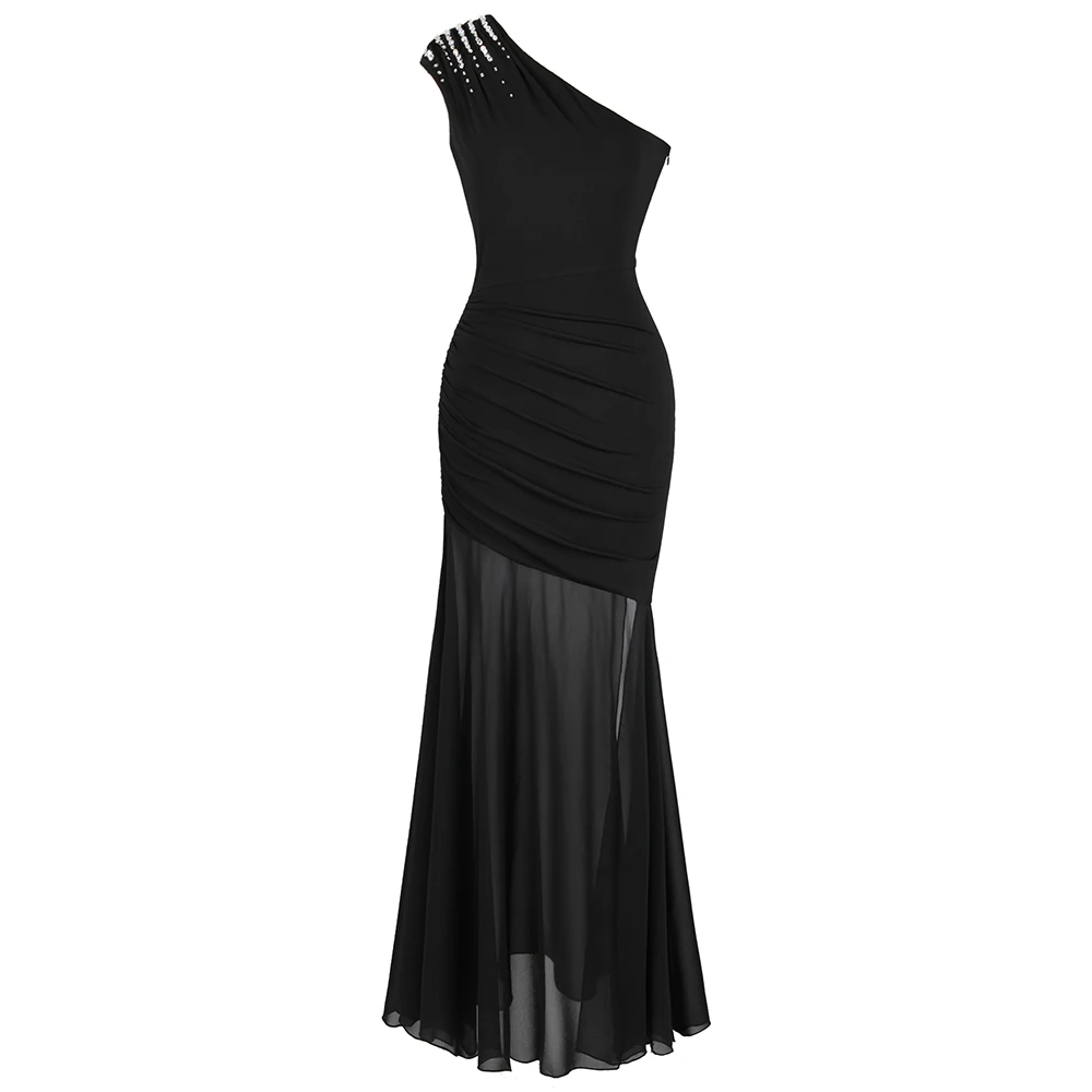 Angel-fashions Women's One Shoulder Pleated Evening Dress Long Little Black Dresses Slit Illusion Formal Party Gown 426