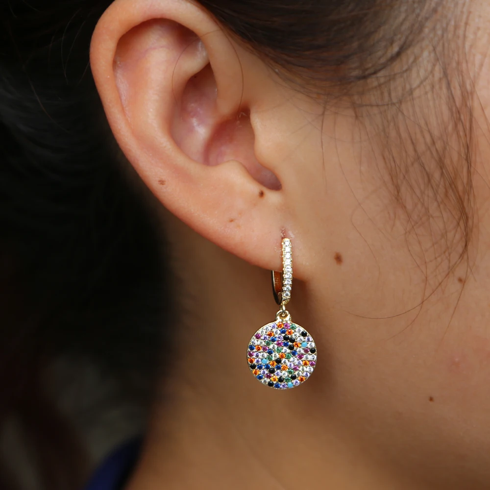 

bling Rainbow Rhinestone Drop Earrings for Women 2018 Fashion Geometric Round colorful cz Pendant Charm elegance Jewelry Earring
