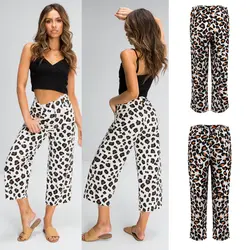 Женские модные широкие брюки с высокой талией с леопардовым принтом Свободные повседневные укороченные брюки