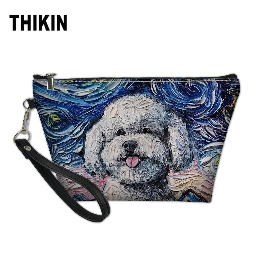 

THIKIN Cute Pet Dog Bichon Make Up Bags Cosmetic Case Van Gogh's Galaxy Printing Professional Makeup Box Necessaire Travel Bag
