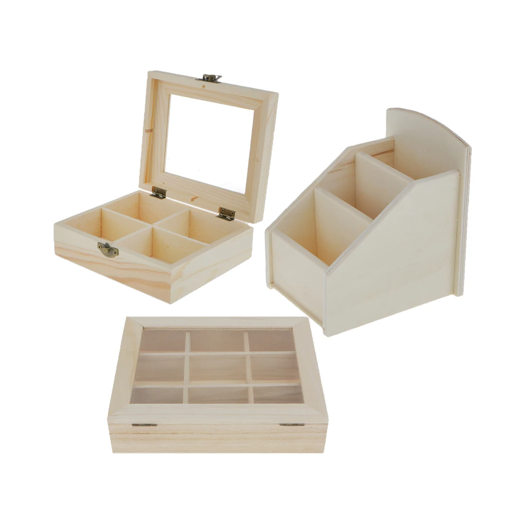 3Pcs Natural Unfinished Plain Wooden Jewelry Box Case Handmade