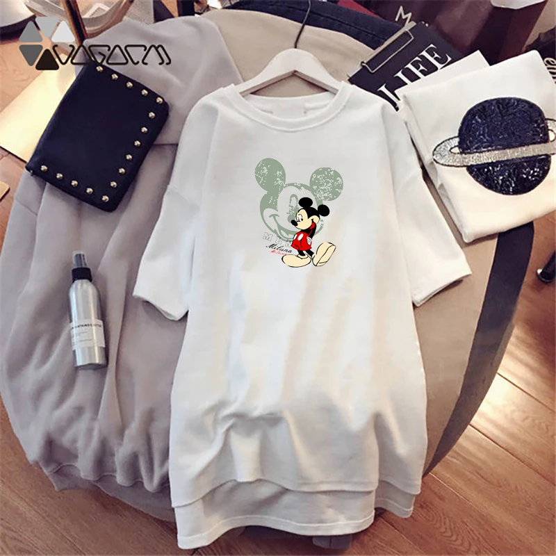 

Autumn Women Dresses Mickey Mouse Cartoon Printed Casual Loose White Women Clothes Big Size Dress Fashion Harajuku Black