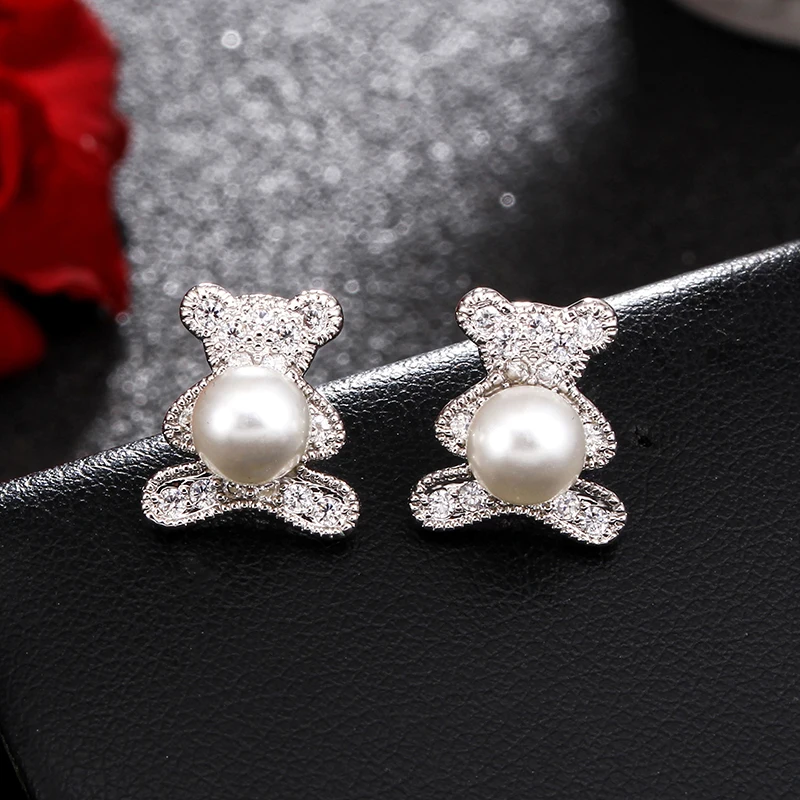 

Cute Bear CZ Stone Stud Earrings for women Cubic zirconia Pearl Animal Earrings girls fashion silver color Anti-allergic Jewelry