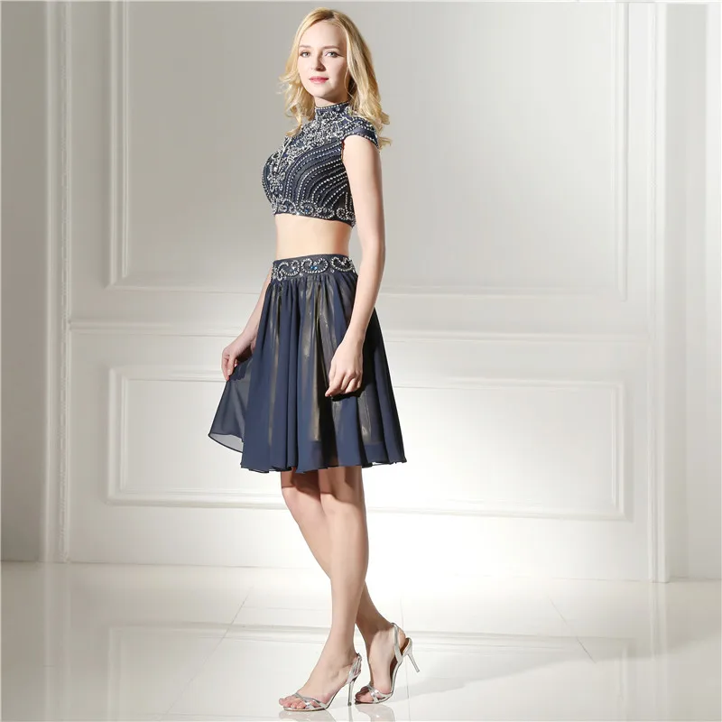 

Cap Sleeve High Knee-length A-line Chiffon Beading Simple Prom Dresses Sexy Prom Dress Short 2019 Dresses Gala Navy Blue Summer