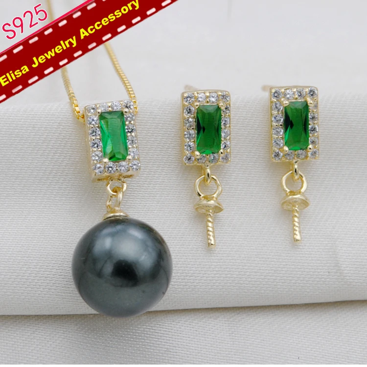 

2 Pieces Jewelry Sets S925 Sterling Silver Green Rhinestones Earrings Settings+Pendant Holder Women DIY Handmade Jewelry Acc