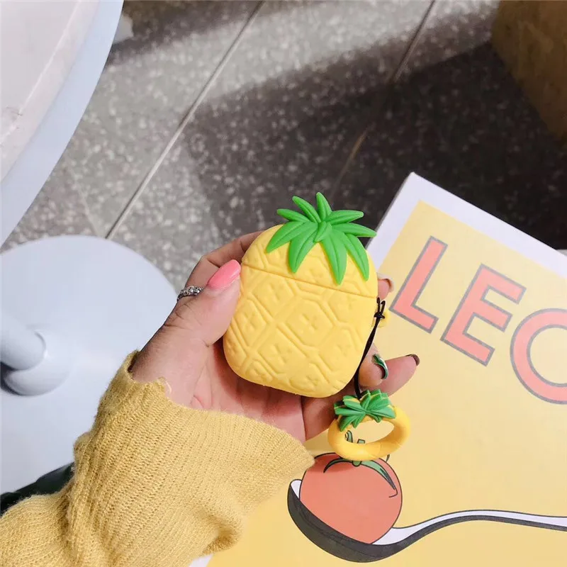 3D чехол для наушников Airpods чехол силиконовый милый мультфильм ананас, кактус чехол для Air Pods 2 Чехол палец кольцо брелок ремешок