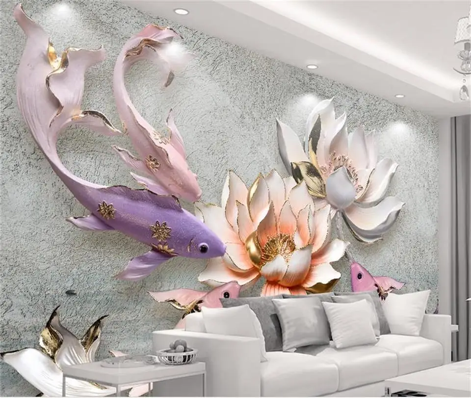 3d обои на заказ фото для гостиной настенные рельефные lotus fish картина Диван ТВ фон