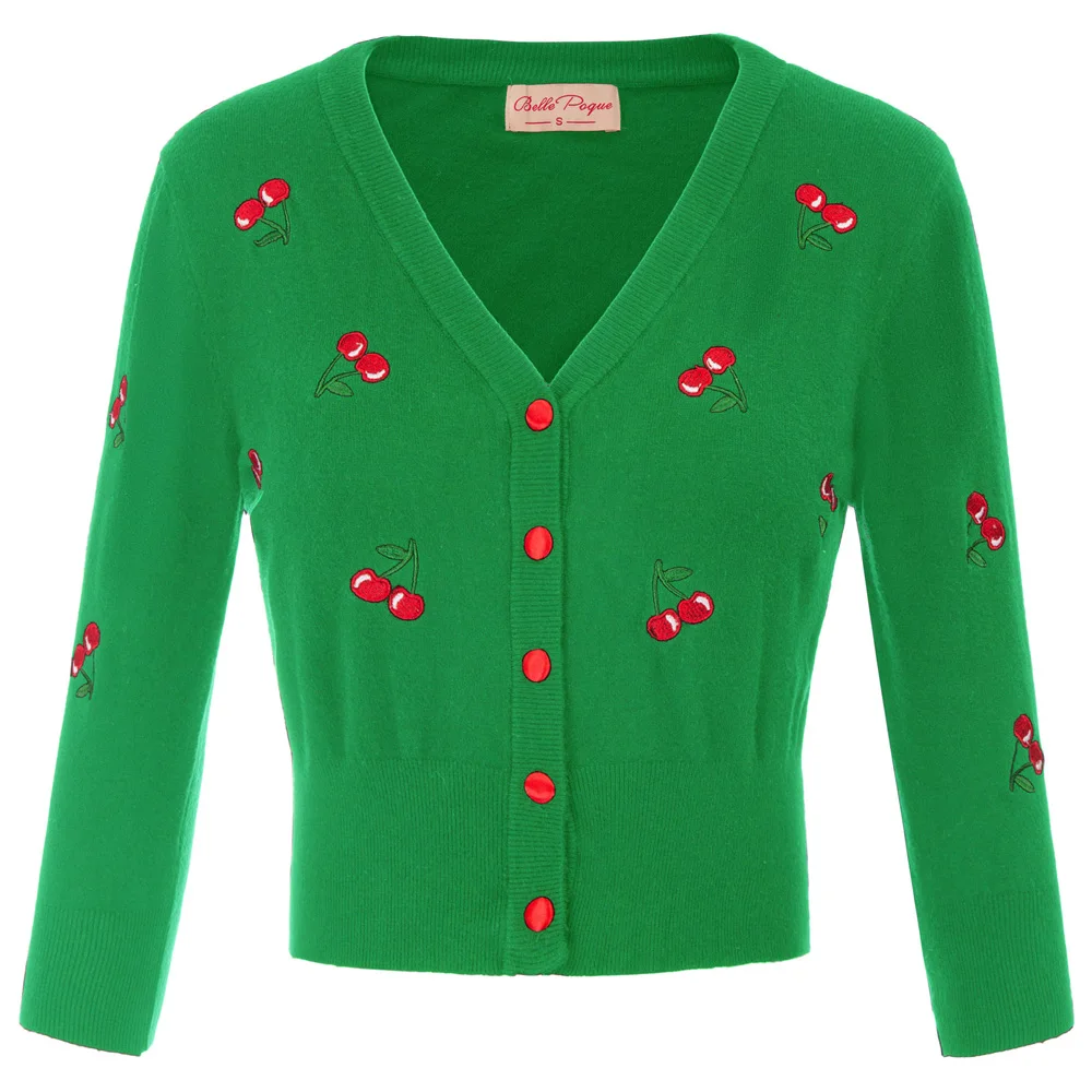 Красивое Женское пальто на пуговицах, трикотажное пальто с вышивкой вишни, мягкий милый весенний свитер, кардиган, топы, Женская куртка, болеро - Цвет: Green