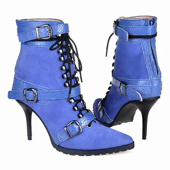 

Choudory Winter high heel mules cowboy boots balck blue yellow color lace up biker rain boots pointed toe chaussure femme